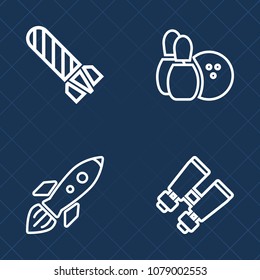 Premium set of outline vector icons. Such as glasses, leisure, bowling, technology, bomb, sport, spy, fire, heat, ball, explode, cloud, explosion, destruction, view, vision, danger, launch, travel