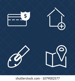 Premium set of outline vector icons. Such as wealth, add, cash, financial, instrument, property, currency, coin, apartment, tool, gps, city, building, background, finance, home, pin, travel, real, buy