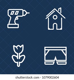 Premium set of outline vector icons. Such as fashion, equipment, architecture, hand, modern, drill, clothing, house, short, power, nature, summer, floral, metal, building, repair, estate, real, shorts