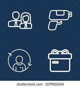 Premium set of outline vector icons. Such as team, element, rotation, celebration, handgun, graphic, company, game, weapon, cartoon, group, gift, decoration, holiday, corporate, pistol, box, play, gun