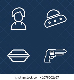 Premium set of outline vector icons. Such as metal, spacecraft, meal, burger, space, people, girl, military, human, profile, social, head, internet, avatar, gun, fast, war, food, science, pistol, bun