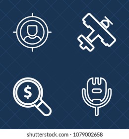 Premium set of outline vector icons. Such as business, microphone, entertainment, travel, sky, segmentation, sign, concept, studio, voice, technology, fly, music, air, man, marketing, commercial, sing