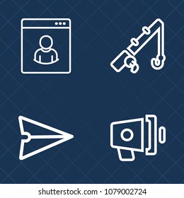Premium set of outline vector icons. Such as hook, loudspeaker, people, communication, megaphone, loud, alert, web, phone, reel, network, profile, voice, male, sound, speaker, fish, fishing, bullhorn