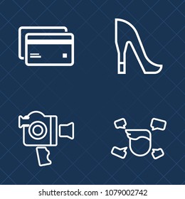 Premium set of outline vector icons. Such as boy, casual, credit, media, shopping, debit, white, camera, girl, buy, young, elegant, movie, handle, video, record, bank, paying, shoe, business, style
