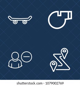 Premium set of outline vector icons. Such as user, equipment, human, sound, gps, lifestyle, whistle, account, remove, game, profile, skateboarding, skate, pointer, skateboard, delete, urban, road, map