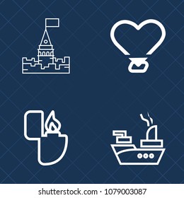 Premium set of outline vector icons. Such as light, castle, military, fire, gas, kingdom, love, war, health, royal, smoke, transport, boat, palace, ocean, landscape, old, shape, architecture, flame