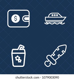 Premium set of outline vector icons. Such as purse, business, pay, wallet, battle, cold, speed, boat, transport, finance, travel, summer, credit, ice, knight, alcohol, nautical, money, ocean, sword