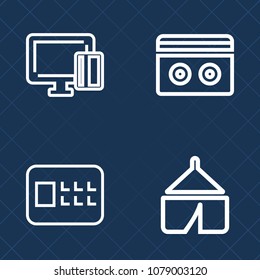 Premium set of outline vector icons. Such as hiking, secure, payment, sound, tape, landscape, outdoor, audio, lock, safety, banking, camp, commerce, adventure, paying, cassette, stereo, media, steel