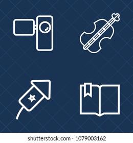 Premium set of outline vector icons. Such as musical, vintage, open, page, video, cello, festival, lens, internet, party, education, celebrate, music, technology, bass, book, violoncello, background