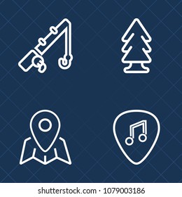 Premium set of outline vector icons. Such as leisure, web, environment, growth, reel, fish, music, nature, hobby, trunk, sport, rock, hook, equipment, navigation, pine, guitar, foliage, catch, green