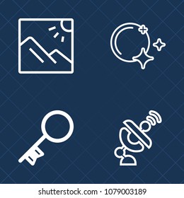 Premium set of outline vector icons. Such as astronomy, lock, beautiful, system, network, global, background, moon, unlock, communication, light, antenna, summer, wireless, technology, sign, door, key