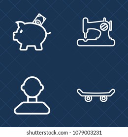 Premium set of outline vector icons. Such as social, fashion, internet, sport, sew, savings, save, street, industry, tailor, equipment, banking, economy, skateboard, board, needle, pig, style, sewing