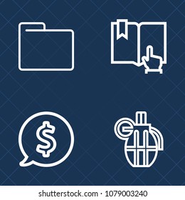 Premium set of outline vector icons. Such as bullets, label, file, open, hand, information, armed, danger, weapon, office, page, sign, price, frame, blank, computer, combat, click, circle, read, sale