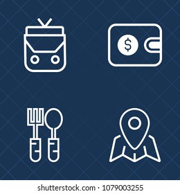 Premium set of outline vector icons. Such as location, style, eat, object, buy, background, handle, purse, travel, silverware, knife, cutlery, finance, meal, kitchen, dollar, map, spoon, financial