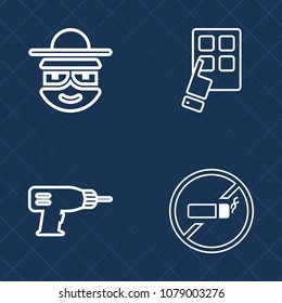 Premium set of outline vector icons. Such as drawing, tobacco, electric, hand, warning, repair, technology, communication, work, app, construction, mobile, drill, concept, equipment, happy, industry
