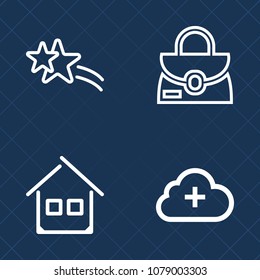 Premium set of outline vector icons. Such as exterior, add, backdrop, meteor, white, house, travel, real, new, shiny, technology, building, sparkle, residential, accessory, background, bright, handle