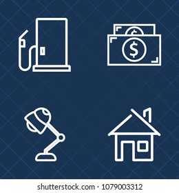Premium set of outline vector icons. Such as bulb, service, money, dollar, decor, modern, fuel, decoration, architecture, construction, gasoline, real, electricity, estate, coin, station, pump, bank