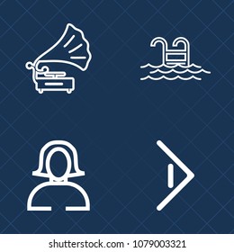 Premium set of outline vector icons. Such as retro, vinyl, beautiful, lady, gramophone, water, healthy, summer, next, pretty, portrait, vacation, woman, blue, young, arrow, hotel, button, resort, disc