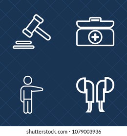 Premium set of outline vector icons. Such as criminal, showing, aid, technology, trial, doctor, lawyer, stereo, courtroom, pointing, music, first, girl, modern, person, help, health, judge, case, box