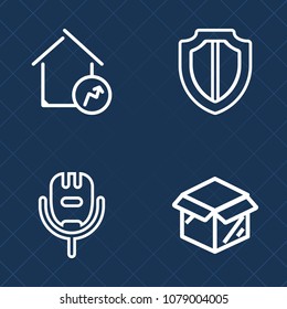 Premium set of outline vector icons. Such as estate, business, guard, entertainment, market, new, sound, security, home, box, song, cardboard, studio, rise, package, delivery, real, increase, safe