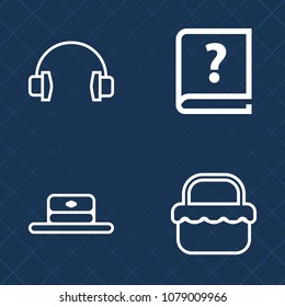 Premium set of outline vector icons. Such as audio, fashion, technology, graphic, nature, headphone, equipment, basket, hat, grass, sound, clothing, unknown, style, music, paper, lunch, pen, outdoor