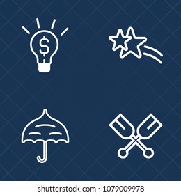 Premium set of outline vector icons. Such as rain, shiny, sea, sign, star, oar, protection, river, inspiration, boat, rowing, glitter, innovation, object, parasol, bulb, idea, open, creative, white
