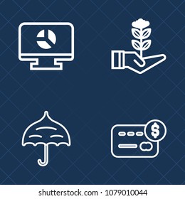 Premium set of outline vector icons. Such as chart, parasol, data, banner, environmental, growth, spring, card, soil, protection, weather, money, environment, garden, umbrella, people, safety, bank