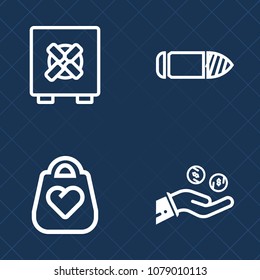 Premium set of outline vector icons. Such as handle, horizontal, danger, shot, concept, fashion, bank, safe, lock, protection, coin, cash, business, ammo, army, object, luggage, accessory, system, gun