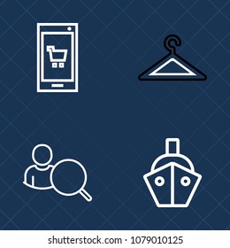 Premium set of outline vector icons. Such as sign, container, store, phone, clothes, technology, page, sale, modern, web, mobile, ship, woman, search, water, internet, shop, clothing, vessel, closet