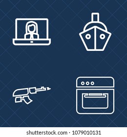 Premium set of outline vector icons. Such as computer, transport, transportation, army, vessel, sea, freight, ship, chat, hot, internet, video, food, gun, shipping, woman, female, black, automatic