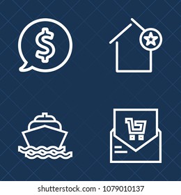 Premium set of outline vector icons. Such as boat, list, vessel, rent, retail, transport, money, water, house, white, blue, sea, price, bill, speed, favorite, construction, sail, receipt, purchase