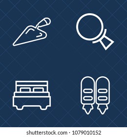 Premium set of outline vector icons. Such as interior, button, worker, roller, bed, search, magnifier, house, magnifying, , hammer, exploration, saw, instrument, construction, white, modern, bedroom
