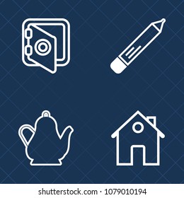 Premium set of outline vector icons. Such as object, pen, drink, finance, pencil, building, hot, water, paper, house, banking, stationery, lock, office, home, door, box, modern, beverage, electric