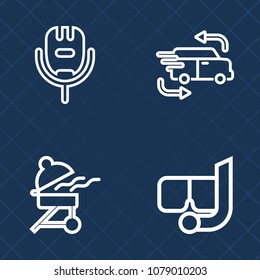 Premium set of outline vector icons. Such as hot, beach, sport, underwater, sing, delivery, musical, studio, service, sound, microphone, fire, vehicle, grill, meat, cooking, truck, car, voice, food