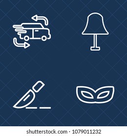 Premium set of outline vector icons. Such as package, cargo, interior, transportation, party, celebration, masquerade, electricity, doctor, light, carnival, freight, fast, decoration, car, costume