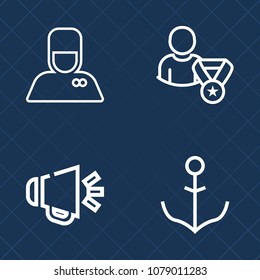 Premium set of outline vector icons. Such as bellhop, subscribe, loud, man, technology, navigation, music, profile, application, work, ship, helm, luggage, online, power, rating, sea, uniform, sound