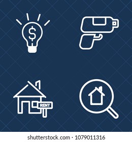 Premium set of outline vector icons. Such as success, mortgage, residential, light, real, play, game, businessman, building, retro, person, search, graphic, gun, abstract, computer, pistol, bulb, sign