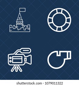 Premium set of outline vector icons. Such as tripod, swim, media, video, architecture, medieval, safety, object, ring, tower, travel, vacation, rubber, king, whistle, holiday, inflatable, kingdom, fun