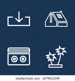 Premium set of outline vector icons. Such as architecture, stereo, tree, old, exterior, construction, sign, nature, tape, leaf, audio, building, tropical, roof, technology, exotic, sound, internet