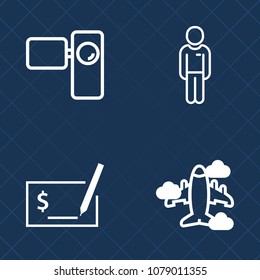 Premium set of outline vector icons. Such as business, white, airplane, write, air, flight, old, aircraft, tripod, pen, technology, people, fashion, boy, movie, character, young, male, hand, cinema