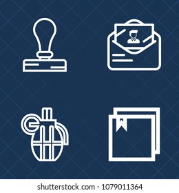 Premium set of outline vector icons. Such as identity, file, envelope, template, archive, weapon, interface, ammunition, blank, dangerous, branding, bomb, document, send, travel, company, violence