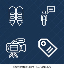 Premium set of outline vector icons. Such as person, chat, discount, studio, equipment, internet, chatting, camcorder, microphone, discussion, professional, focus, film, movie, media, tripod, retail, 