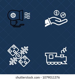 Premium set of outline vector icons. Such as style, sign, coin, blowing, travel, money, science, electric, antenna, people, appliance, satellite, concept, fan, technology, global, currency, track, hot