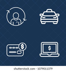 Premium set of outline vector icons. Such as person, travel, refresh, business, report, balance, pay, monitor, credit, quality, city, account, user, sale, support, payment, bank, transportation, cab