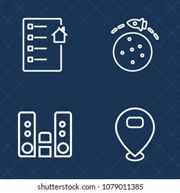 Premium set of outline vector icons. Such as video, home, rocket, play, mortgage, document, launch, property, location, spaceship, planet, science, navigation, business, loan, sound, pointer, galaxy