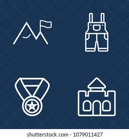 Premium set of outline vector icons. Such as kingdom, men, medieval, victory, tower, graphic, protection, prize, clothing, protective, wear, castle, reward, mountain, success, fresh, palace, fantasy