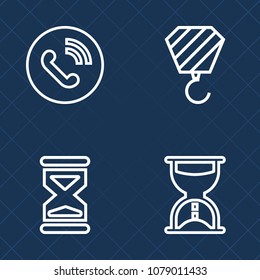 Premium set of outline vector icons. Such as call, background, connection, hour, house, timer, communicate, service, ring, crane, clock, support, phone, watch, glass, urban, building, flow, sand, sign