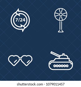 Premium set of outline vector icons. Such as propeller, electric, object, military, ventilator, summer, cool, style, air, white, service, wind, headset, armored, cooler, army, battle, gun, assistant