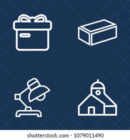 Premium set of outline vector icons. Such as card, festive, house, paper, home, crane, brick, surprise, bow, collection, industry, electric, block, table, material, decoration, lamp, wall, business