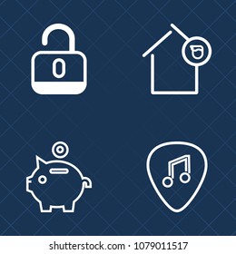 Premium set of outline vector icons. Such as piggy, white, housing, mortgage, owner, padlock, property, safe, landlord, lock, musical, banking, security, secure, concert, cash, financial, house, bank
